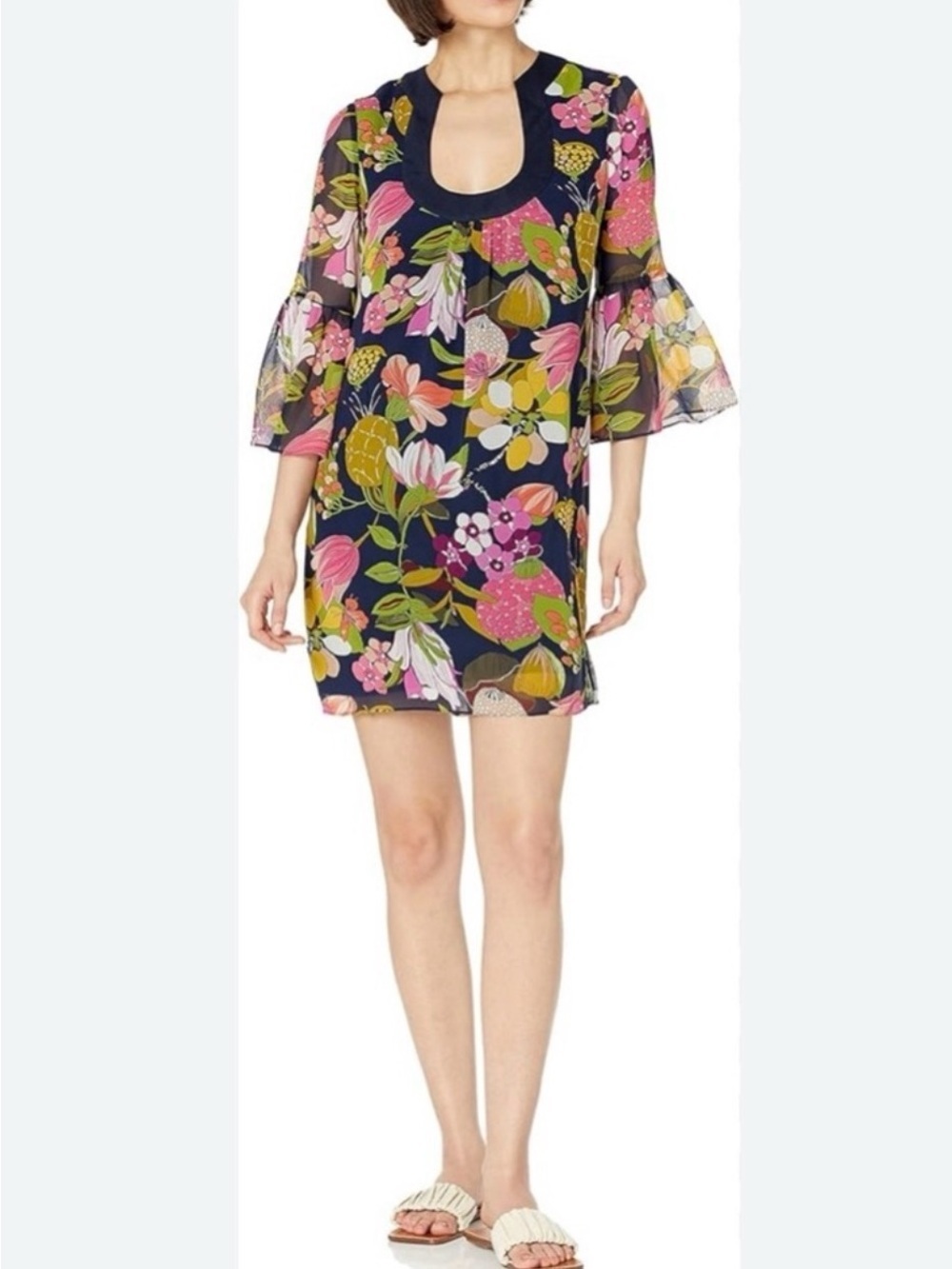 TRINA TURK Bonita Silk Shift Dress Bell Sleeve Retro Style Sz L Multi Floral